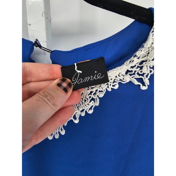 Vintage 1990s Jamie Womens Sz L Midi Length Formal Dress Blue Crochet Collar - Picture 4 of 5